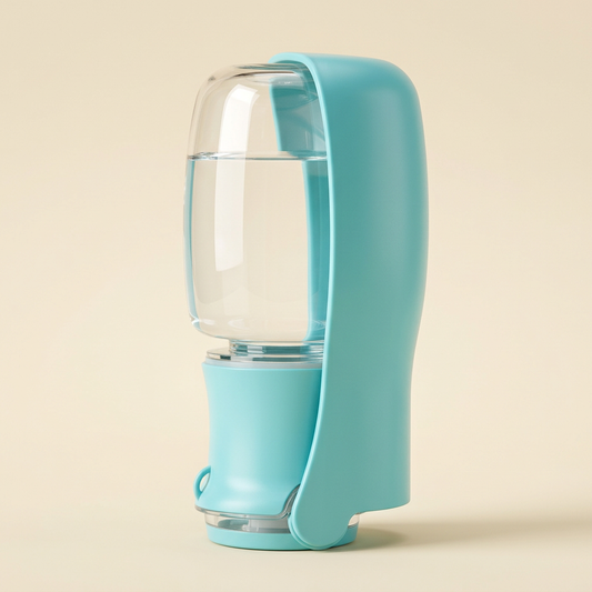 Refined studio image of the turquoise pet water bottle